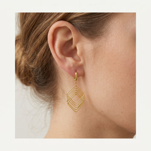 Pendientes colgantes cuadrados geométricos de oro amarillo