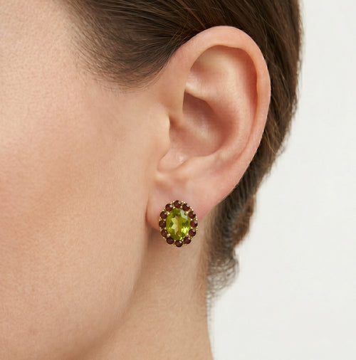 Boucles d’oreilles trésors royaux en moldavite et grenat