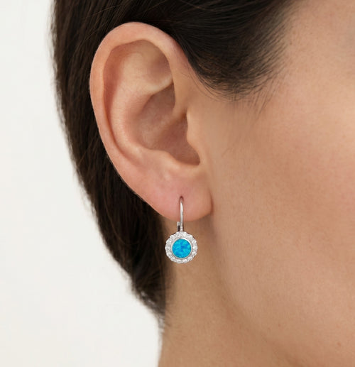 Pendientes halo de opal azul de plata esterlina