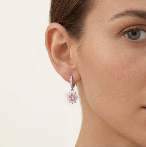 Boucles d’oreilles pendantes en argent halo avec quartz rose