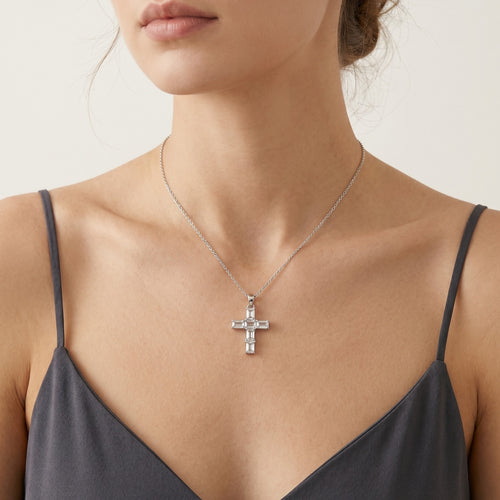 Silver pendant cross with rectangular cubic zirconia