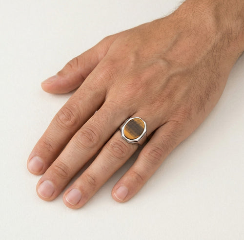 Tiger eye oval cut men ring