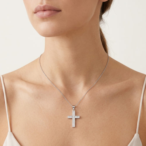 Silver pendant cross with round cubic zirconia