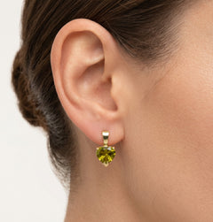 Yellow gold heart shaped moldavite drop earrings
