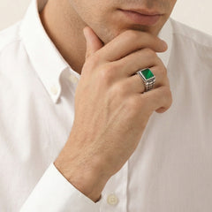 Silver solitaire men ring with princess jade