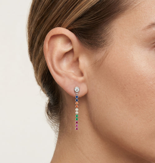 Silver dangle stud earrings with synthetic stones