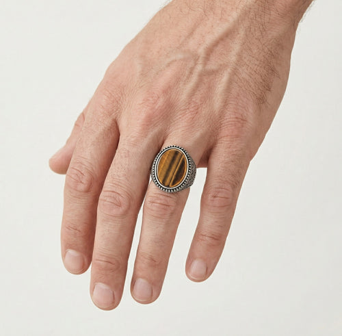 Oval cut tigers eye men ring viking style