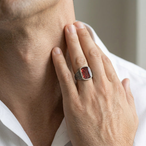 Silver agate statement men ring