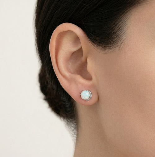 Unique white opal earrings with cubic zirconia in white gold