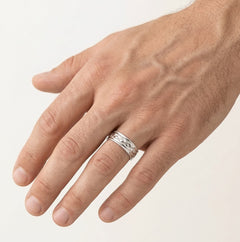 Elegant matte white gold wedding band with polished engraving