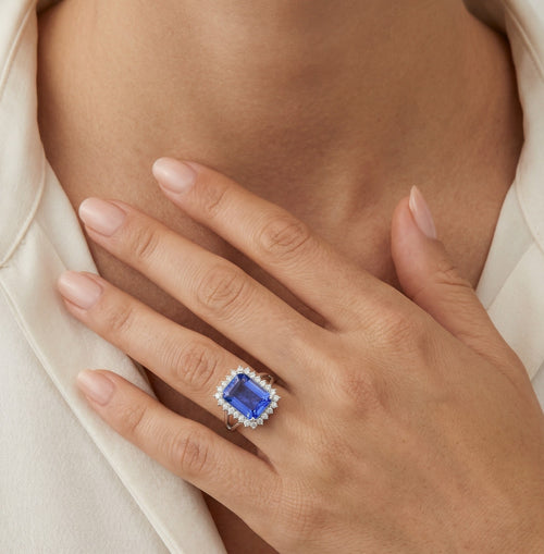 Emerald cut sapphire on sterling silver ring
