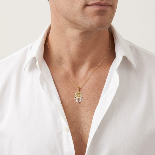 Filigree hamsa hand two tone gold pendant