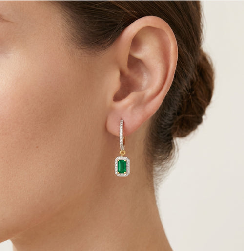 Sparkling round diamond and emerald dangles