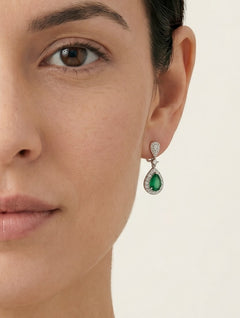 White gold diamond and emerald drop earrings