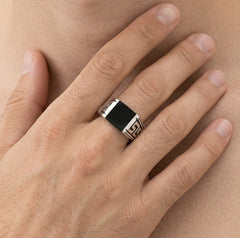 Princess cut onyx men ring with greek side pattern