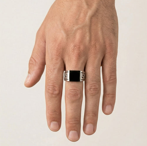 Princess cut onyx men ring with greek side pattern