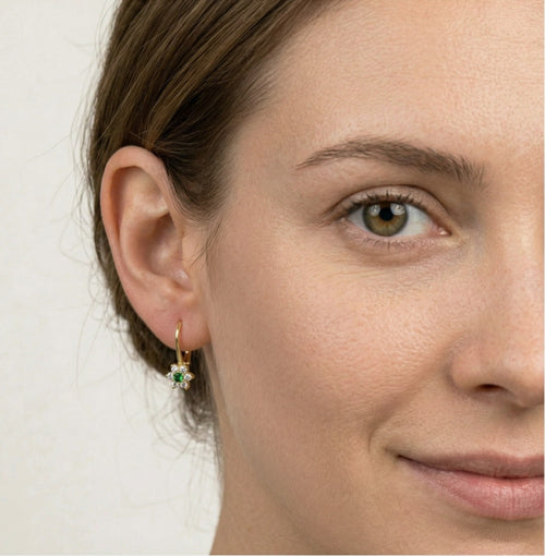 Green flower cubic zirconia gold earrings