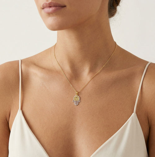 Filigraner Hamsa-Hand-Anhänger aus Gold in zwei Tönen