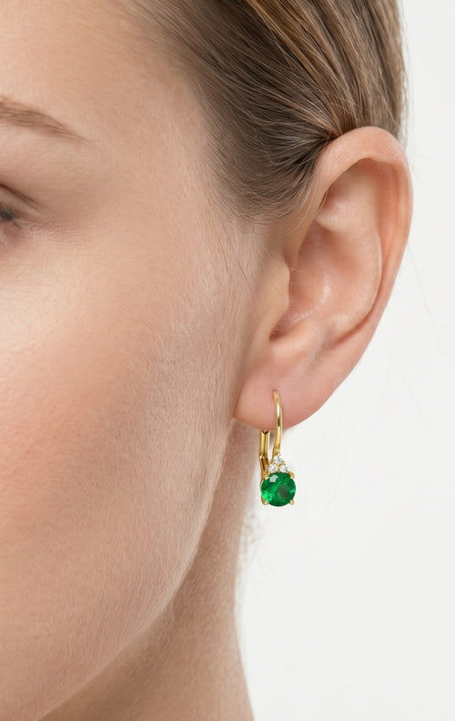Gold earrings with synthetic emerald and cubic zirconia
