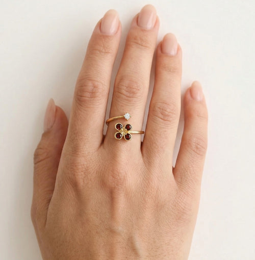 Women garnet and cubic zirconia flower design ring