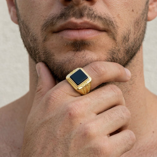 Black onyx square ring with greek design