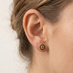 Pendientes Harmony en oro amarillo con moldavita y granate