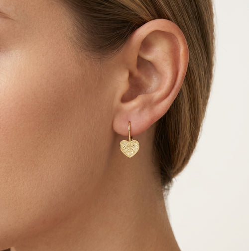Yellow gold heart charm drop earrings
