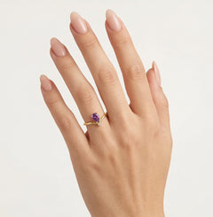Pear-cut purple amethyst cubic zirconia yellow gold ring