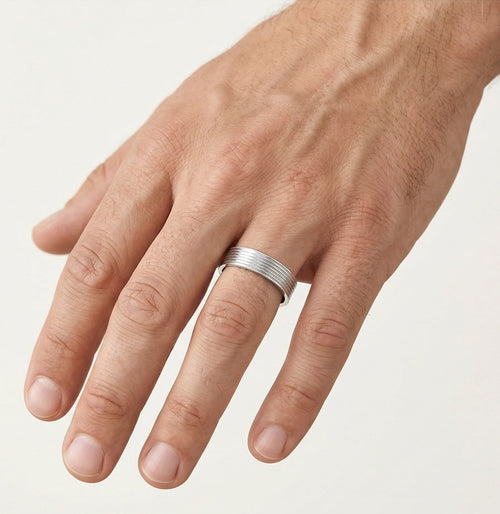 White gold wedding ring with high polished lines