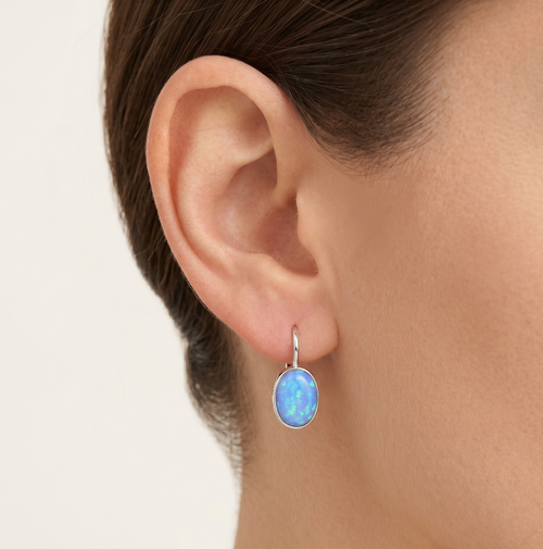 Simple blue opal solitaire drop earrings