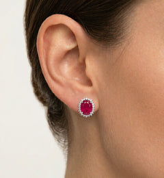 Halo oval cut ruby on sterling silver earrings