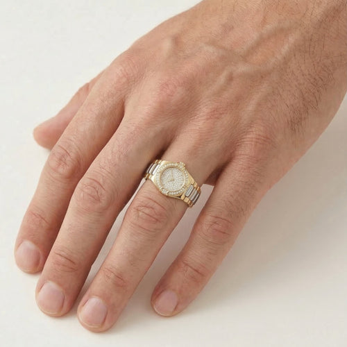 Zlatý prsten s designem hodinek s kubickými zirkony