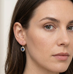 Yellow gold sapphire oval halo drop earrings