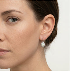 Bezel white opal pear lever earrings