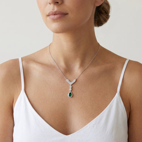 Elegant pear cut emerald necklace with cubic zirconia