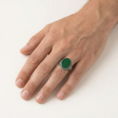Silver solitaire men ring with oval jade
