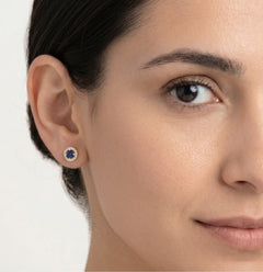 Round cut blue sapphire yellow gold earrings