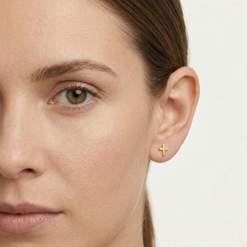 Pendientes de botón de cruz en oro amarillo