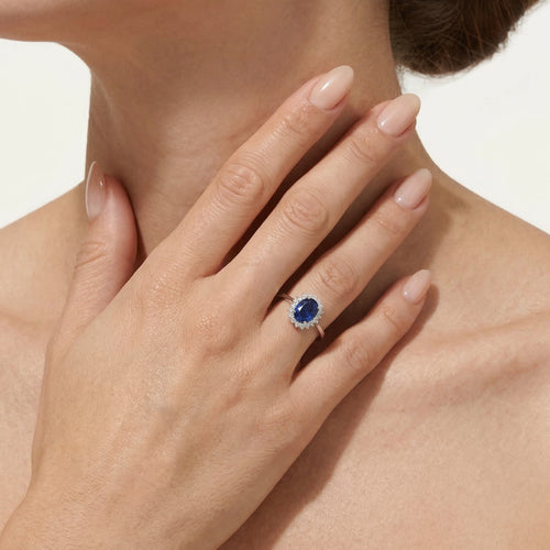 Unconventional diamond white gold ring with sapphire