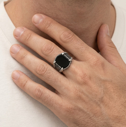 Cushion cut onyx men ring viking style