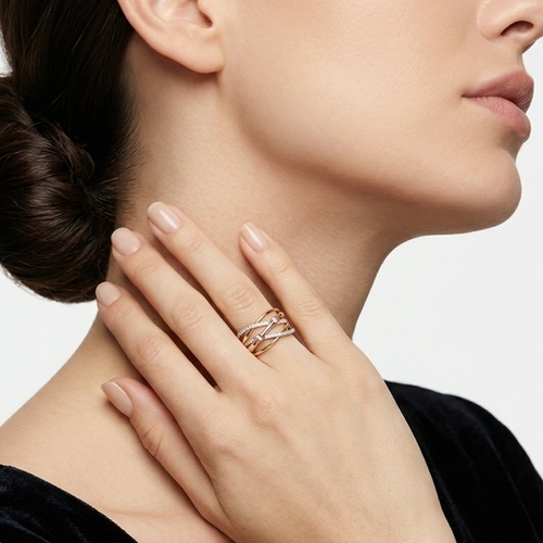 Tri-Tone Gold Zirconia Crossover Ring