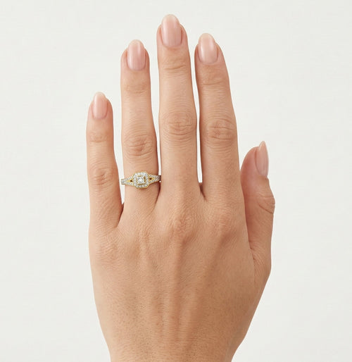 Cushion ring with gold and diamonds