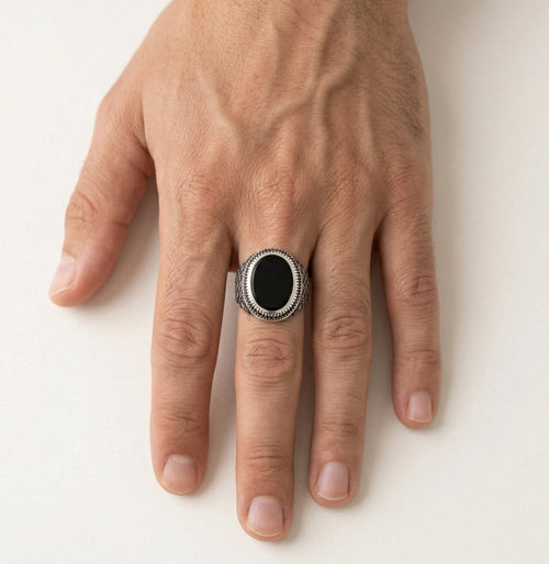 Handcrafted oval onyx men ring