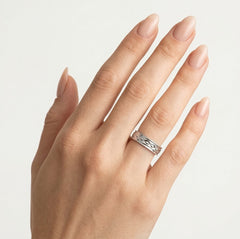 Elegant matte white gold wedding band with polished engraving