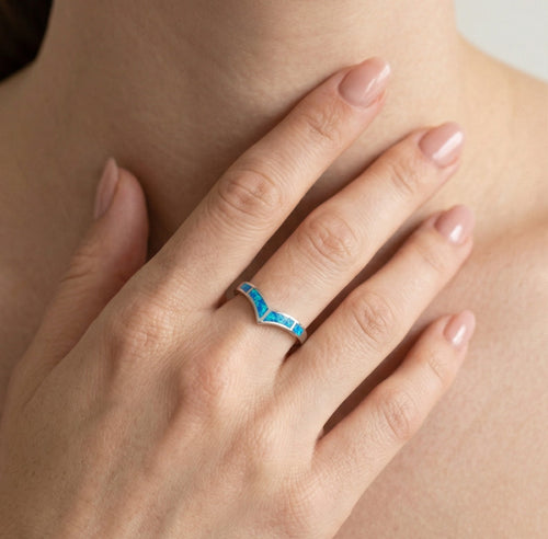 V shaped blue opal ring