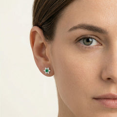 Silver stars earrings with synthetic emerald and cubic zirconia