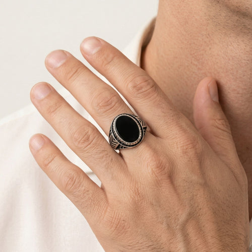 Oval cut onyx men ring with halo and detailed lines