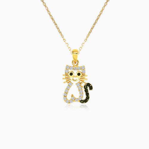 Gold pendant cat with onyx and zircons