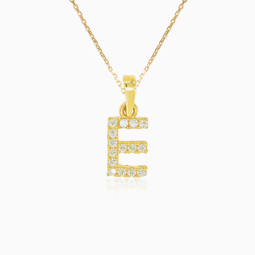 Gold pendant of letter "E" with zircons
