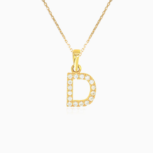 Gold pendant of letter "D" with zircons